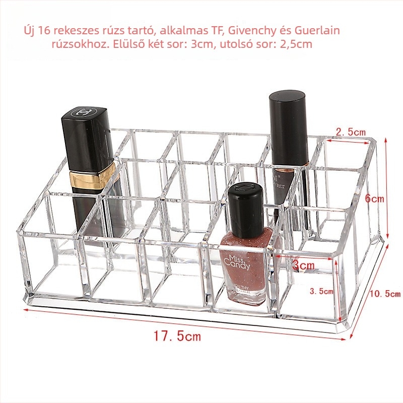 Átlátszó rúzstartó rácsos kialakítással – asztali sminkrendező, egy rétegű tároló