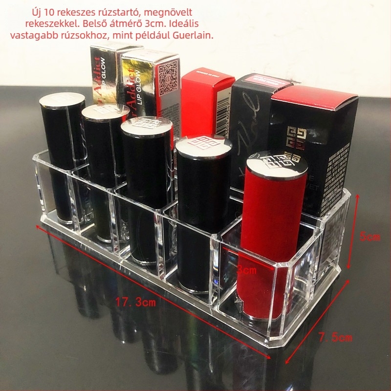 Átlátszó rúzstartó rácsos kialakítással – asztali sminkrendező, egy rétegű tároló