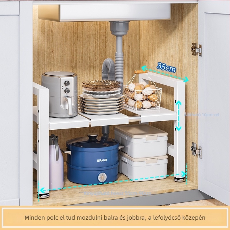 Konyhai kihúzható mosogató alatti tároló – Többfunkciós edény szervező, szekrény belső tárolás, szénacél, modern minimalista stílus