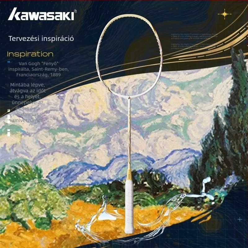 Kawasaki tollaslabdaütő, karbonváz, súly 80–84 g, nyél vastagsága G5, közepes merevségű shaft, nylon húrok