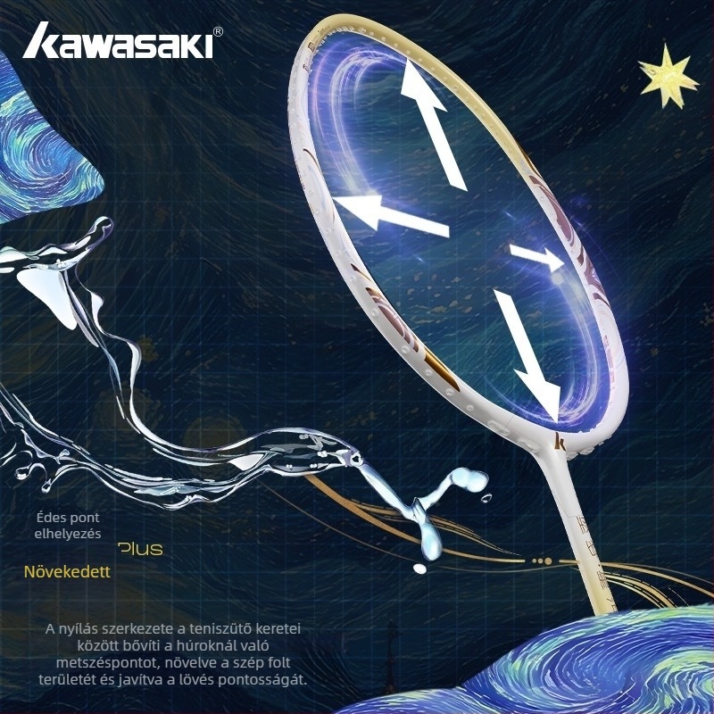 Kawasaki tollaslabdaütő, karbonváz, súly 80–84 g, nyél vastagsága G5, közepes merevségű shaft, nylon húrok