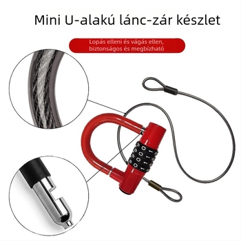 Mini U-formájú zár acélsodronnyal, 1,5 m hosszú, ötvözet test, 500 g, elektromos járművek, motorkerékpárok és kerékpárok számára