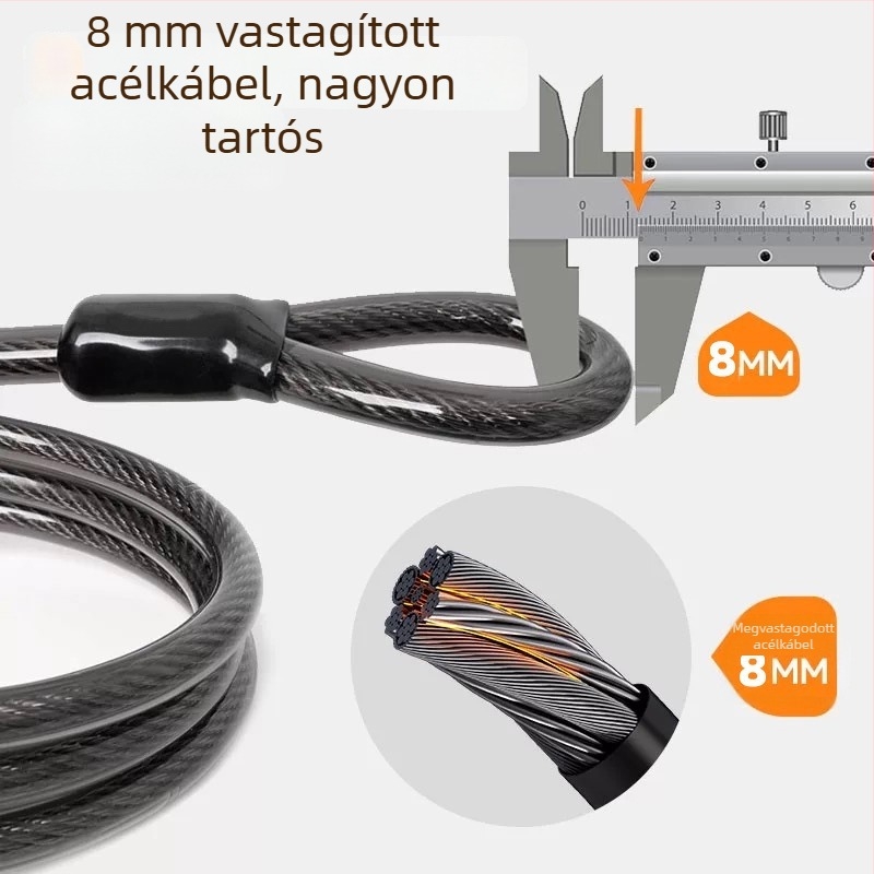 Mini U-formájú zár acélsodronnyal, 1,5 m hosszú, ötvözet test, 500 g, elektromos járművek, motorkerékpárok és kerékpárok számára