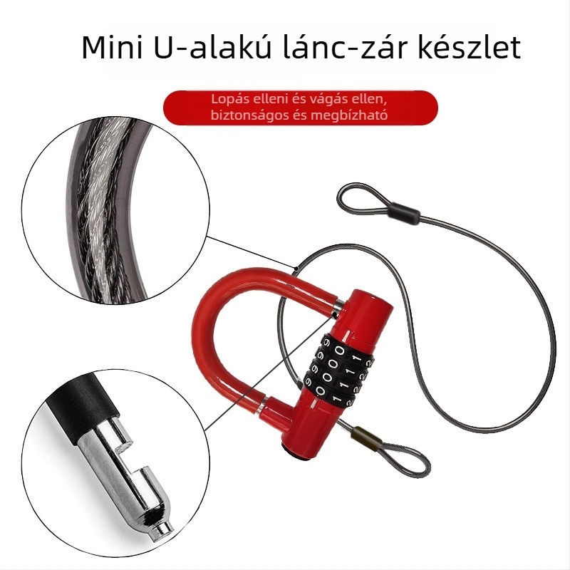 Mini U-formájú zár acélsodronnyal, 1,5 m hosszú, ötvözet test, 500 g, elektromos járművek, motorkerékpárok és kerékpárok számára