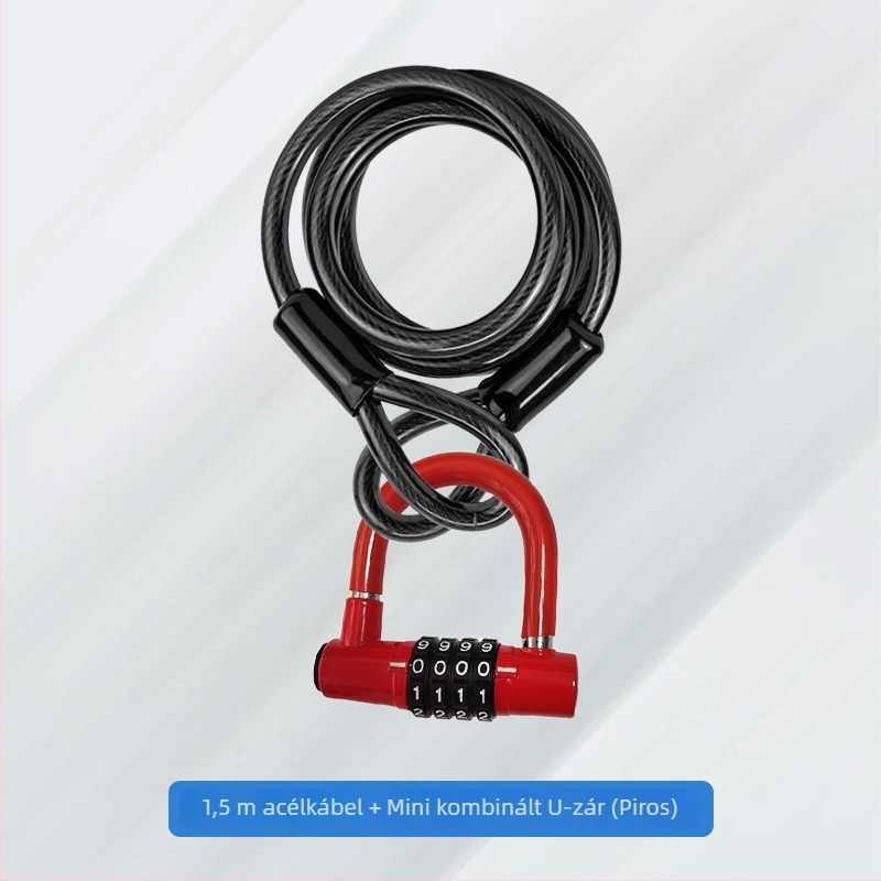 Mini U-formájú zár acélsodronnyal, 1,5 m hosszú, ötvözet test, 500 g, elektromos járművek, motorkerékpárok és kerékpárok számára