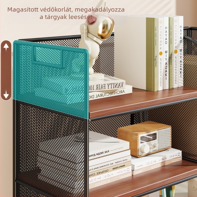 Asztali könyvespolc — többszintes szervező, acélváz + fa panel, modern minimalista stílus, univerzális tér, multifunkcionális