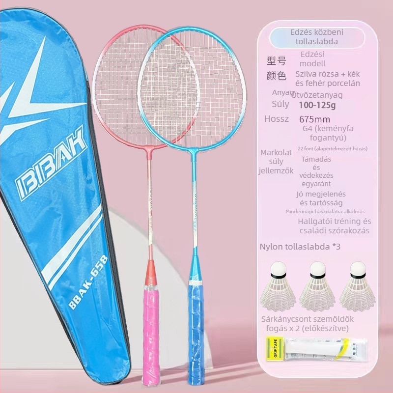 Edzésre szánt badmintonütő kettős készlet, szénszálas keret, nylon húrozat, kezdők és juniorok számára