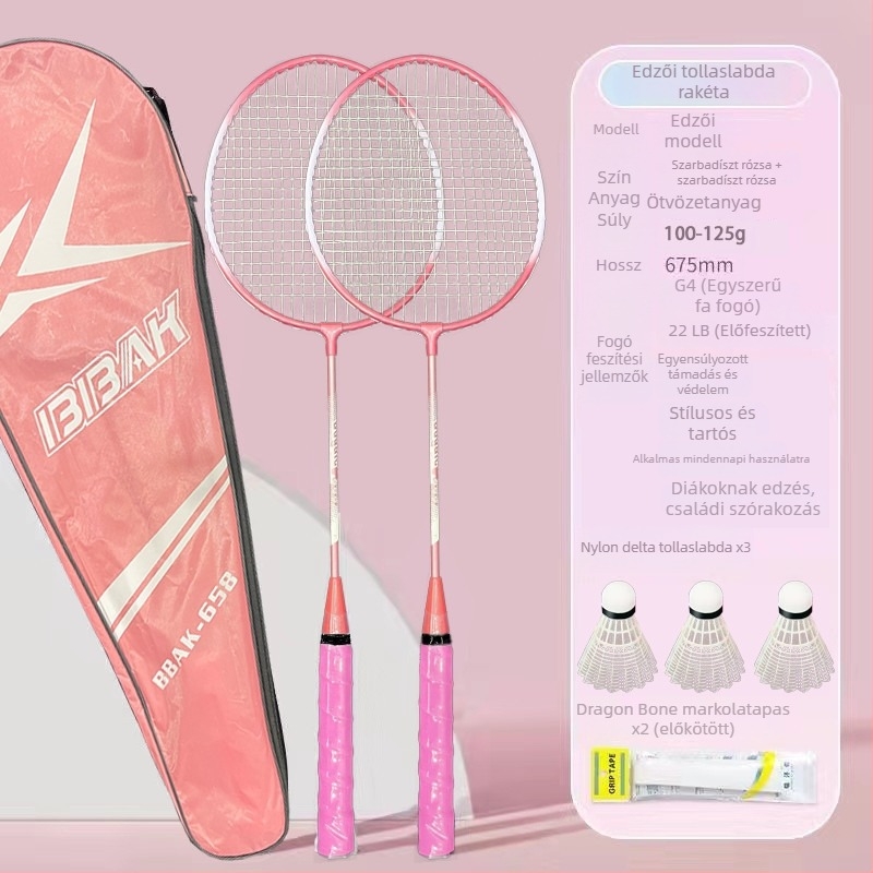 Edzésre szánt badmintonütő kettős készlet, szénszálas keret, nylon húrozat, kezdők és juniorok számára