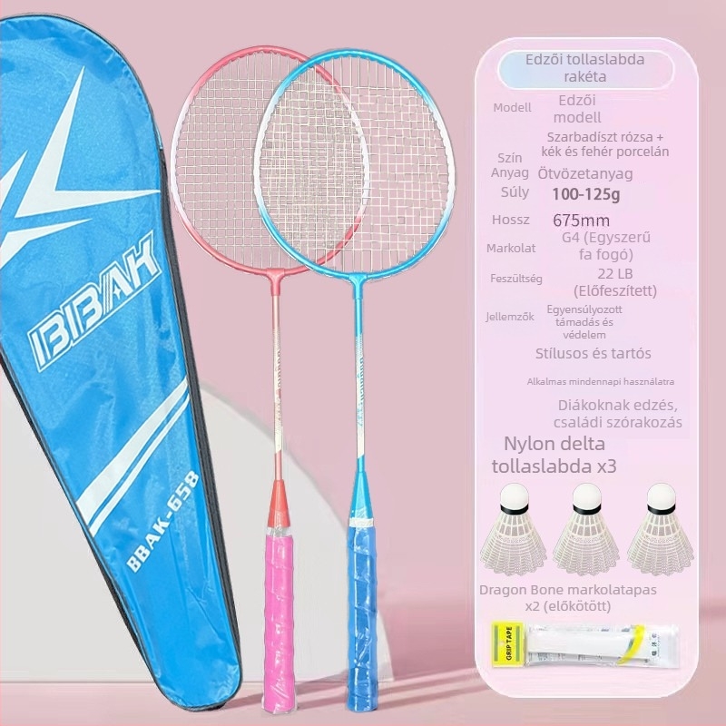 Edzésre szánt badmintonütő kettős készlet, szénszálas keret, nylon húrozat, kezdők és juniorok számára