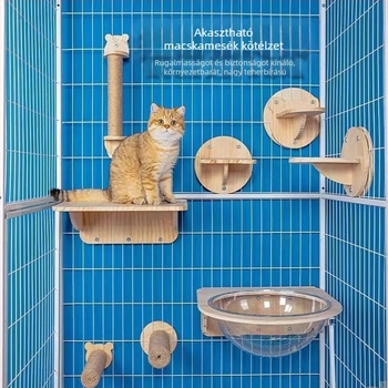Fából készült, falra szerelhető macskás mászókeret kapszulás platformmal, helytakarékos kivitel, karmolóoszlop és létra, nyúl-fészek