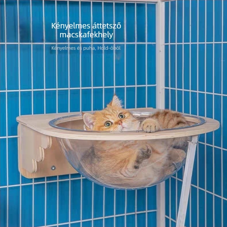 Fából készült, falra szerelhető macskás mászókeret kapszulás platformmal, helytakarékos kivitel, karmolóoszlop és létra, nyúl-fészek