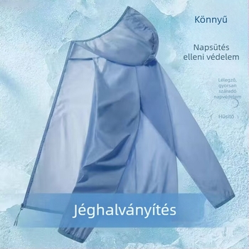 Kültéri kapucnis széldzseki — légáteresztő Ice Silk anyag, nyári könnyű modell, UV védelem, előoldali cipzár, háromdimenziós zsebek