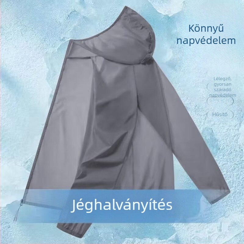 Kültéri kapucnis széldzseki — légáteresztő Ice Silk anyag, nyári könnyű modell, UV védelem, előoldali cipzár, háromdimenziós zsebek