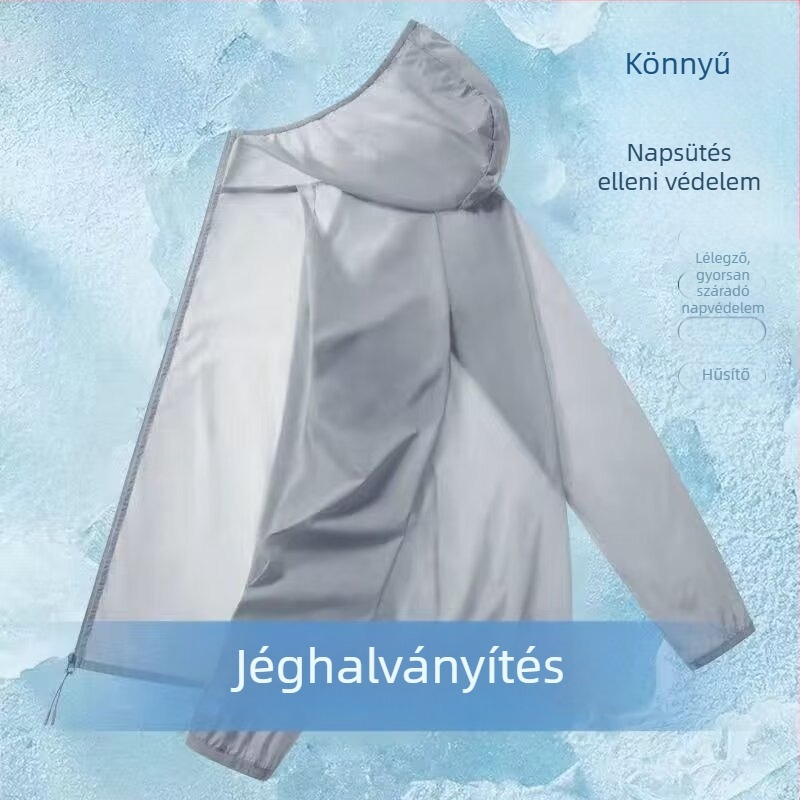 Kültéri kapucnis széldzseki — légáteresztő Ice Silk anyag, nyári könnyű modell, UV védelem, előoldali cipzár, háromdimenziós zsebek