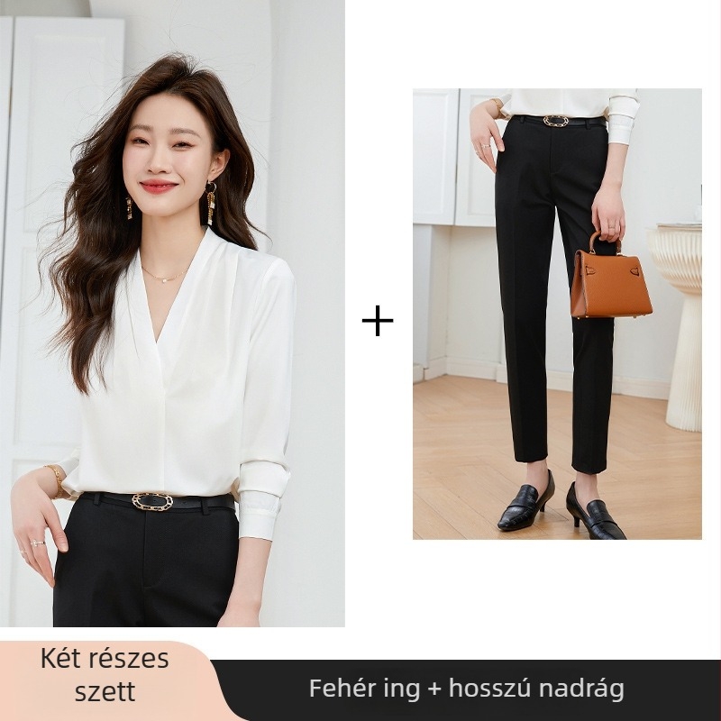 Női fehér V-nyakú ing, hosszú ujjú, karcsú szabás, pamut-poliészter-spandex keverék, normál hossz