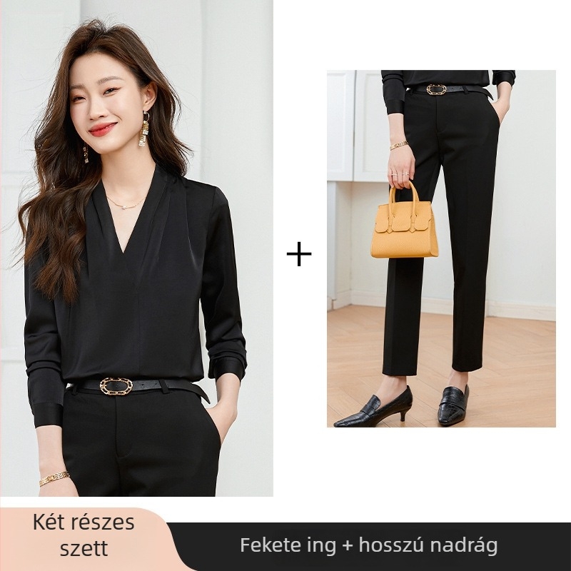 Női fehér V-nyakú ing, hosszú ujjú, karcsú szabás, pamut-poliészter-spandex keverék, normál hossz