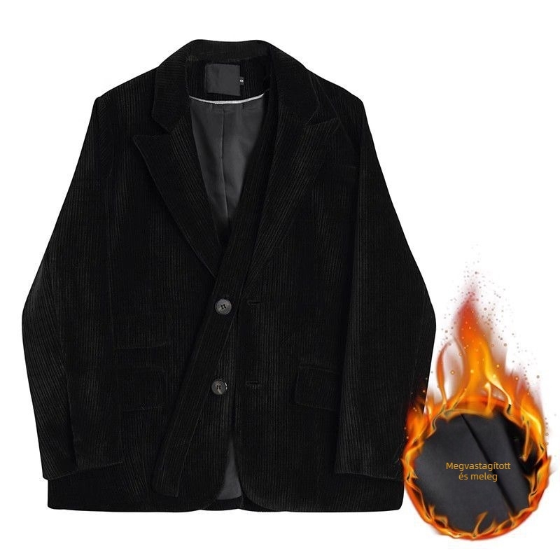 Corduroy női blézer, fekete, lazán szabott, kicsi testalkathoz, téli casual, tavasz–őszre