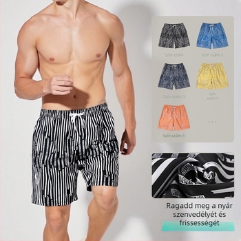 Nyári új férfi úszó- és strandshort csíkos mintával, laza fazon, európai méret, strandfelszerelés