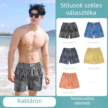 Nyári új férfi úszó- és strandshort csíkos mintával, laza fazon, európai méret, strandfelszerelés