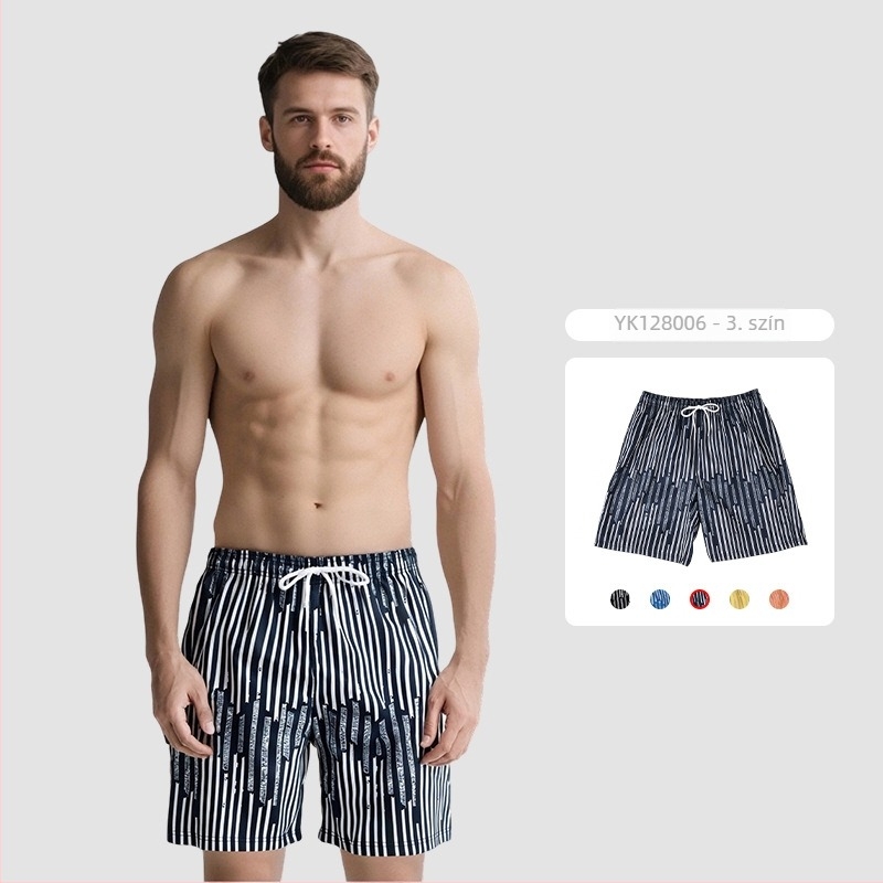 Nyári új férfi úszó- és strandshort csíkos mintával, laza fazon, európai méret, strandfelszerelés