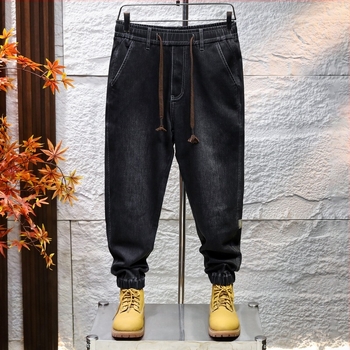 Férfi denim jogger nadrág — laza szabás, harém stílus, középmagas derék, húzózsinórral és elasztikus derékkal, pamut/poliészter/elasztán keverék, őszi 2025