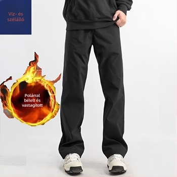 Fleece-béléssel ellátott férfi nadrág őszi-téli szezonra, vízálló és szélvédett, lazán szabott, egyenes szárú