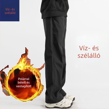 Fleece-béléssel ellátott férfi nadrág őszi-téli szezonra, vízálló és szélvédett, lazán szabott, egyenes szárú