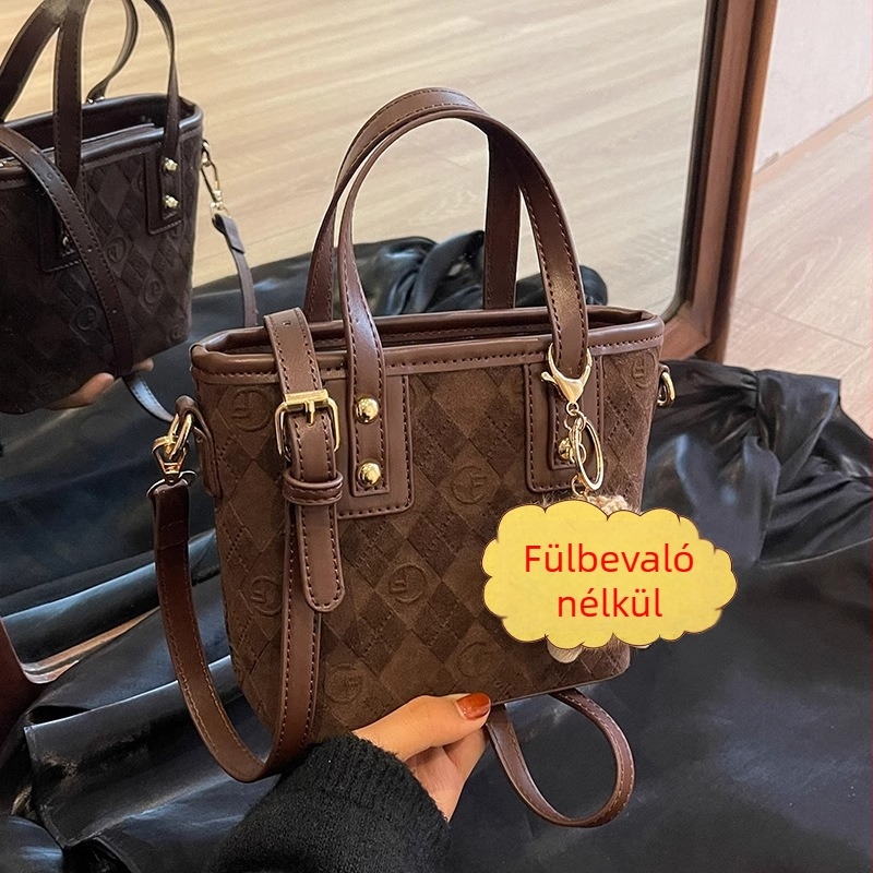 Női vödrökalakú táska, retro díszítés, PU bőr, vödr alakú, cipzáras nyitás, belső cipzáras zseb, 2025 ősz