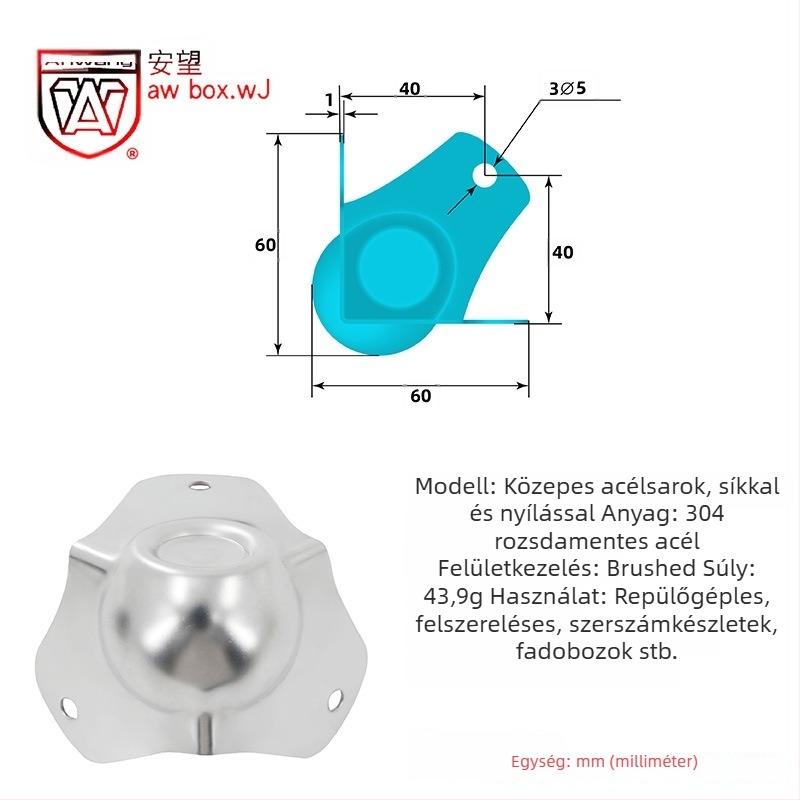 AW Anwang rozsdamentes acél sarokvédő fa dobozokhoz, 3 oldalú, 90°-os sarokvédő