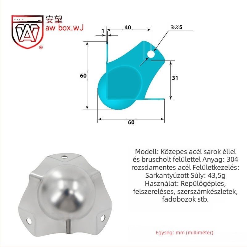 AW Anwang rozsdamentes acél sarokvédő fa dobozokhoz, 3 oldalú, 90°-os sarokvédő