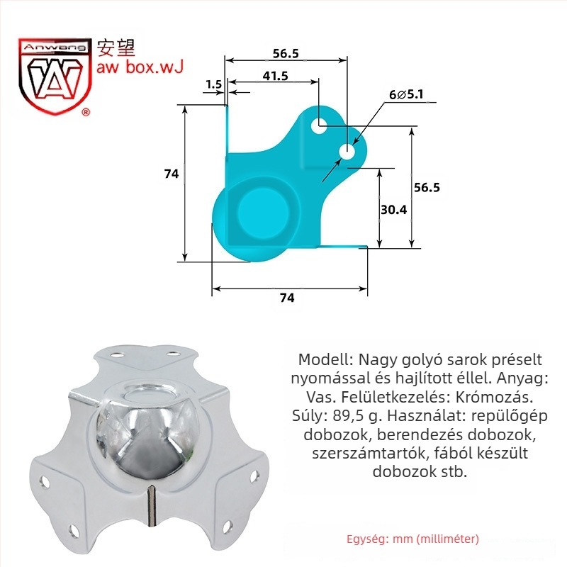AW Anwang rozsdamentes acél sarokvédő fa dobozokhoz, 3 oldalú, 90°-os sarokvédő