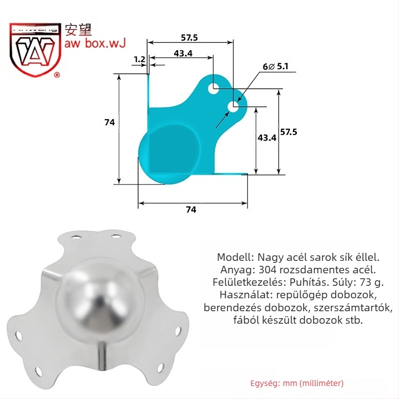 AW Anwang rozsdamentes acél sarokvédő fa dobozokhoz, 3 oldalú, 90°-os sarokvédő