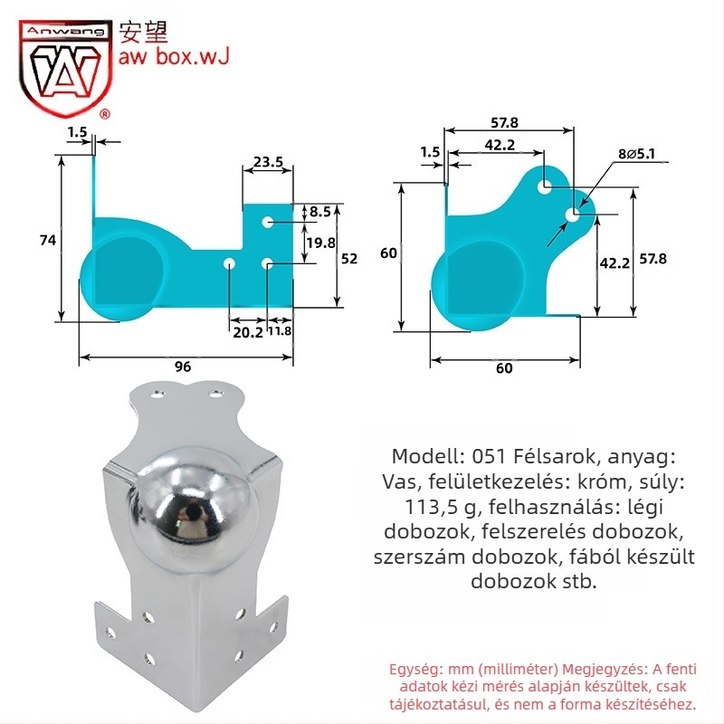 AW Anwang rozsdamentes acél sarokvédő fa dobozokhoz, 3 oldalú, 90°-os sarokvédő