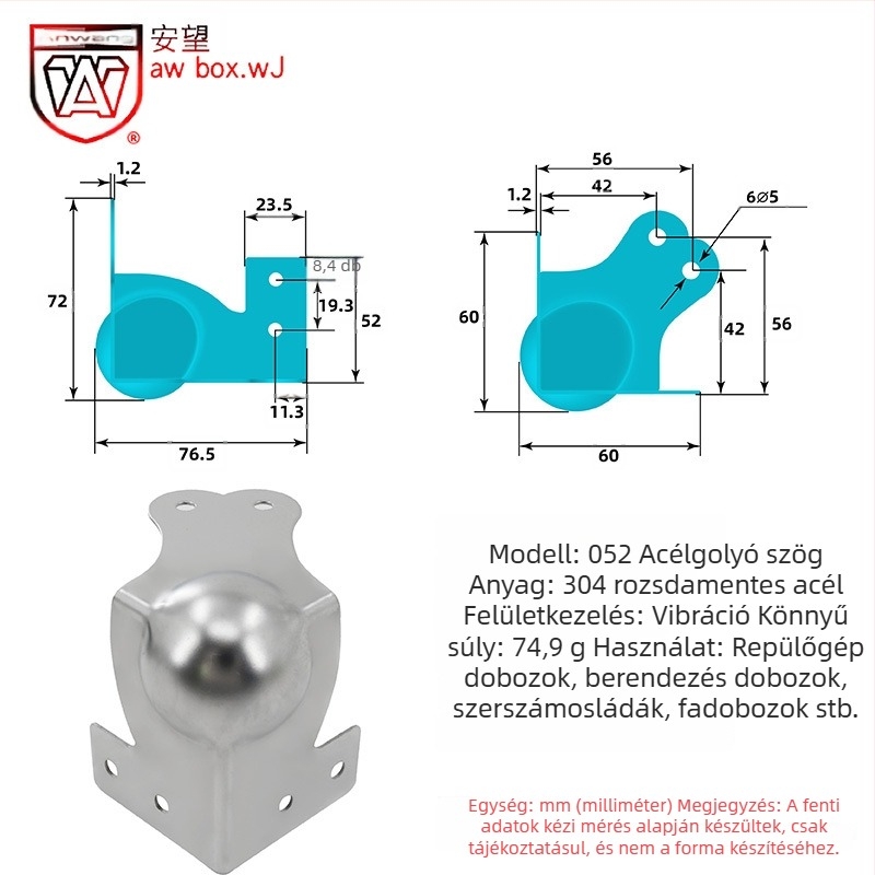 AW Anwang rozsdamentes acél sarokvédő fa dobozokhoz, 3 oldalú, 90°-os sarokvédő