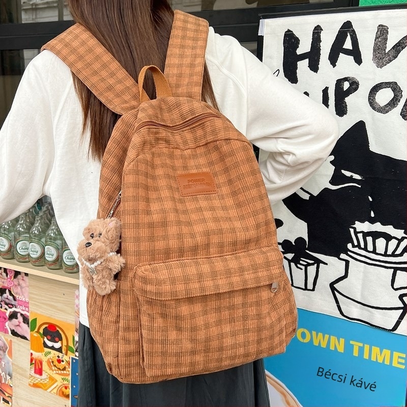 Női egyetemi hátizsák Corduroy anyagból, plaid mintázat, mindennapi használatra, ívelt vállpántok, poliészter bélés, tehercsökkentő funkció