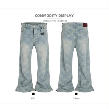 Koreai stílusú egyenes szárú farmer, denim 85% pamut, középmagas derék, cipzáras zárás, pliszírozott rész