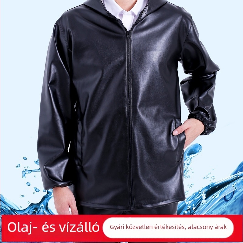 Férfi PU bőrkabát és nadrág szett, lazán szabott, cipzárral záródó, őszi viselet, olaj- és vízálló