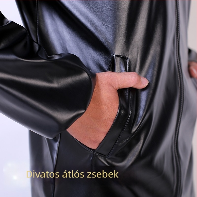 Férfi PU bőrkabát és nadrág szett, lazán szabott, cipzárral záródó, őszi viselet, olaj- és vízálló