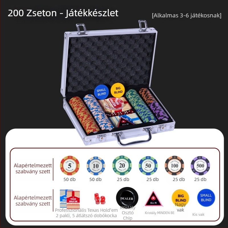 Texas Hold'em agyag chipes készlet Crown chipekkel, anyaga: agyag, 1 készlet a dobozban.