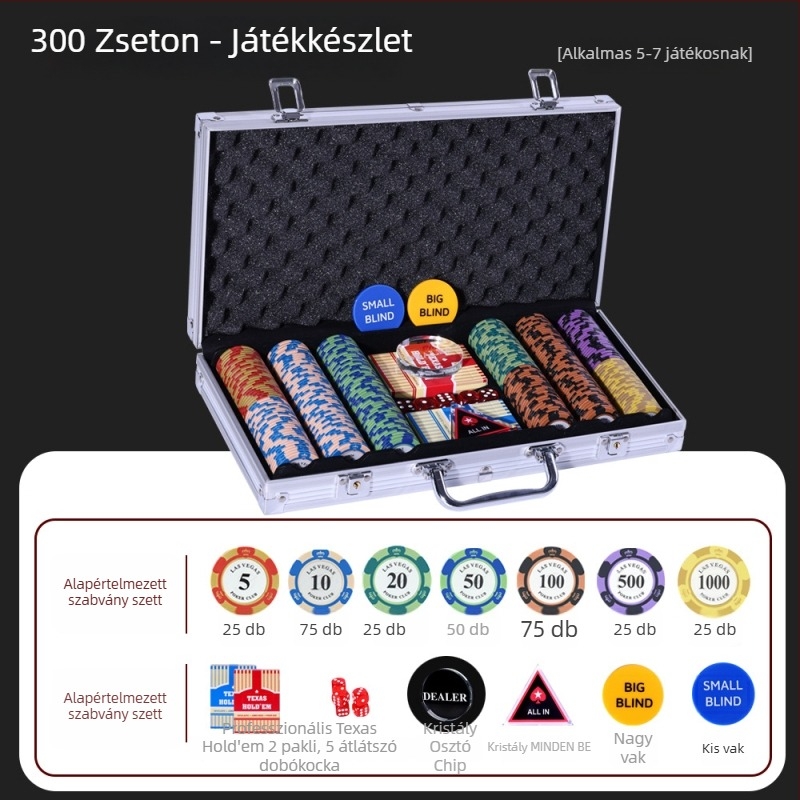 Texas Hold'em agyag chipes készlet Crown chipekkel, anyaga: agyag, 1 készlet a dobozban.