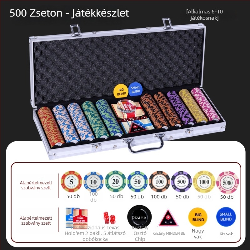 Texas Hold'em agyag chipes készlet Crown chipekkel, anyaga: agyag, 1 készlet a dobozban.