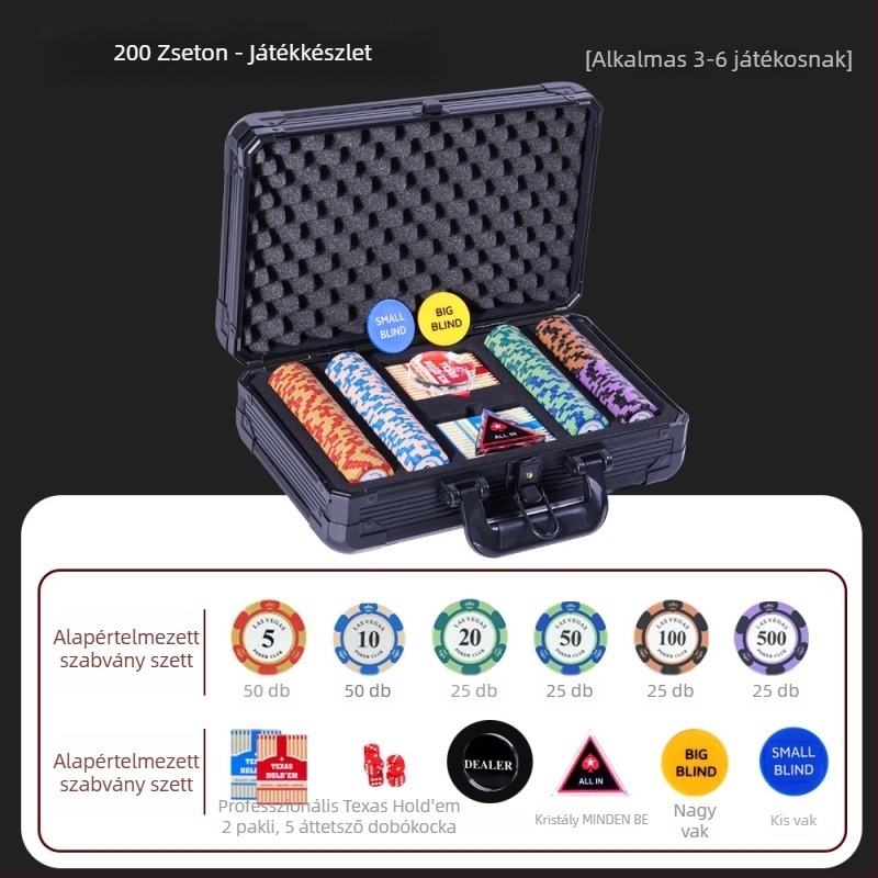 Texas Hold'em agyag chipes készlet Crown chipekkel, anyaga: agyag, 1 készlet a dobozban.