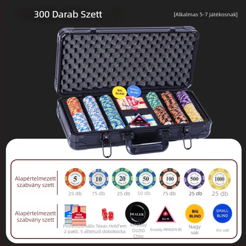 Texas Hold'em agyag chipes készlet Crown chipekkel, anyaga: agyag, 1 készlet a dobozban.