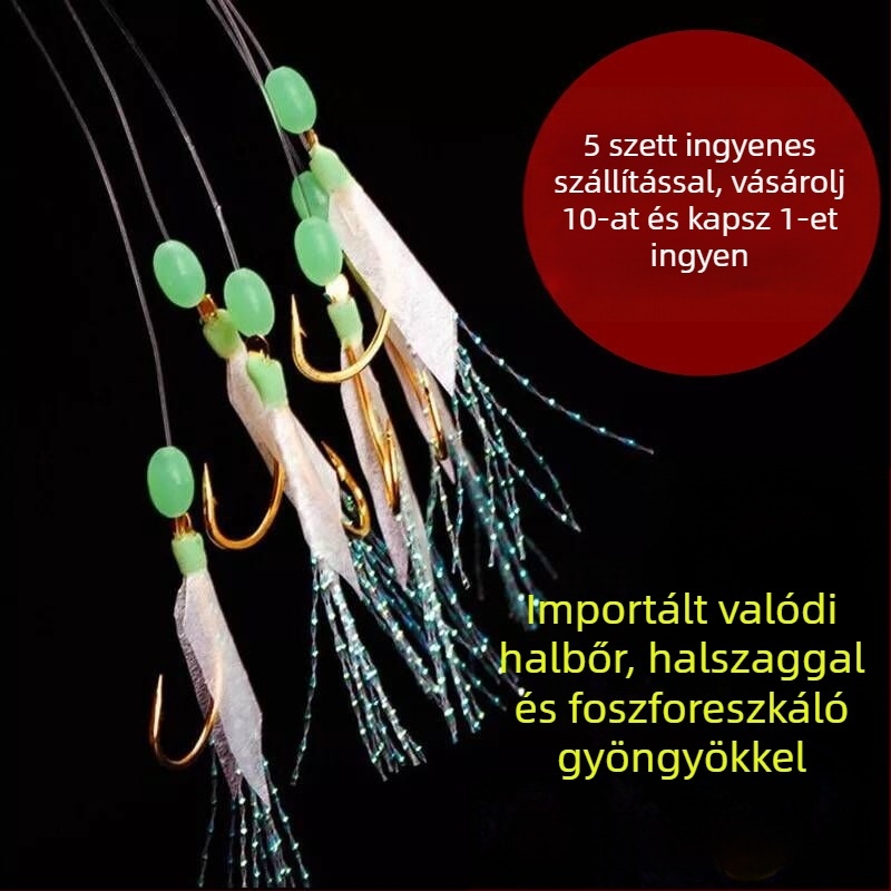 Zsinóros horog biomimetikus valódi halbőrrel, világít a sötétben, tintahal horog felfelé görbült szájú