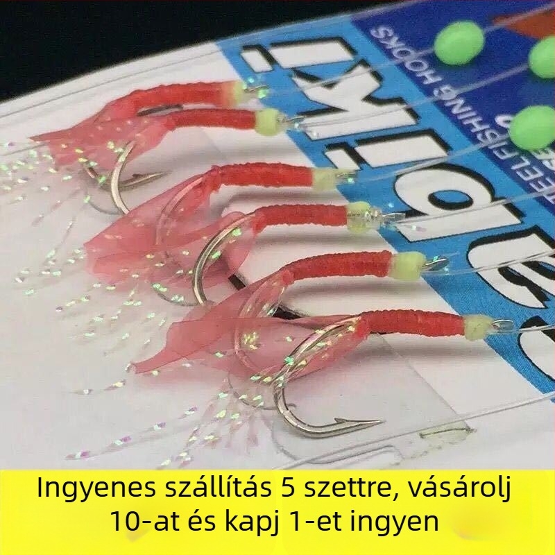 Zsinóros horog biomimetikus valódi halbőrrel, világít a sötétben, tintahal horog felfelé görbült szájú