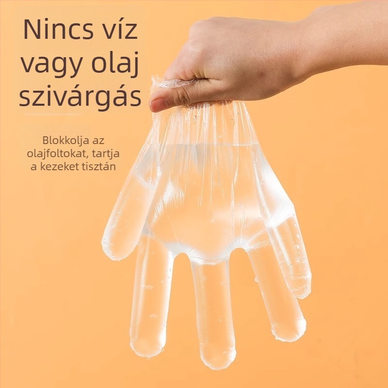 Élelmiszer-minőségű PE műanyagból készült egyszer használatos kesztyűk, vastagított, átlátszó kivitel, porvédelmi, 120 darabos dobozban.