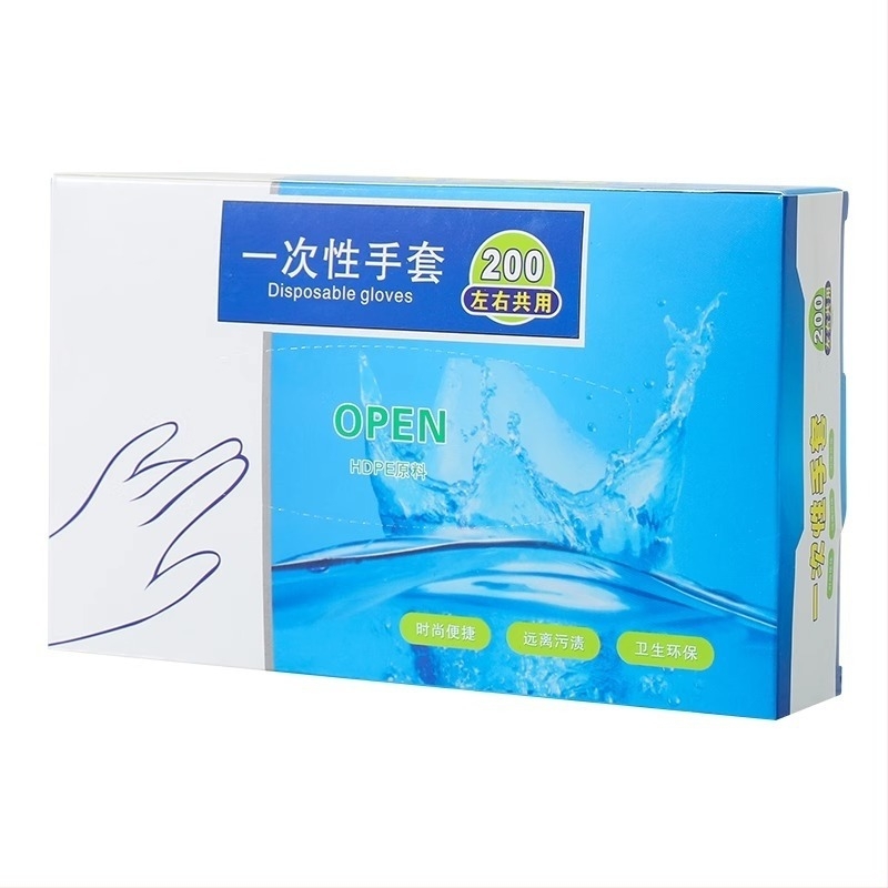 Élelmiszer-minőségű PE műanyagból készült egyszer használatos kesztyűk, vastagított, átlátszó kivitel, porvédelmi, 120 darabos dobozban.