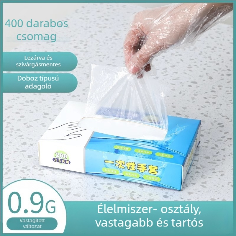 Élelmiszer-minőségű PE műanyagból készült egyszer használatos kesztyűk, vastagított, átlátszó kivitel, porvédelmi, 120 darabos dobozban.
