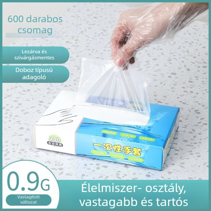 Élelmiszer-minőségű PE műanyagból készült egyszer használatos kesztyűk, vastagított, átlátszó kivitel, porvédelmi, 120 darabos dobozban.