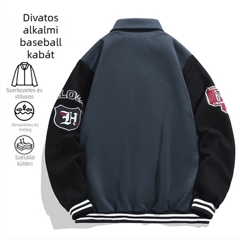 Amerikai stílusú hímzett baseball dzseki férfiaknak, lazább szabás, gallér, betűs mintázat, 70% viszkóz